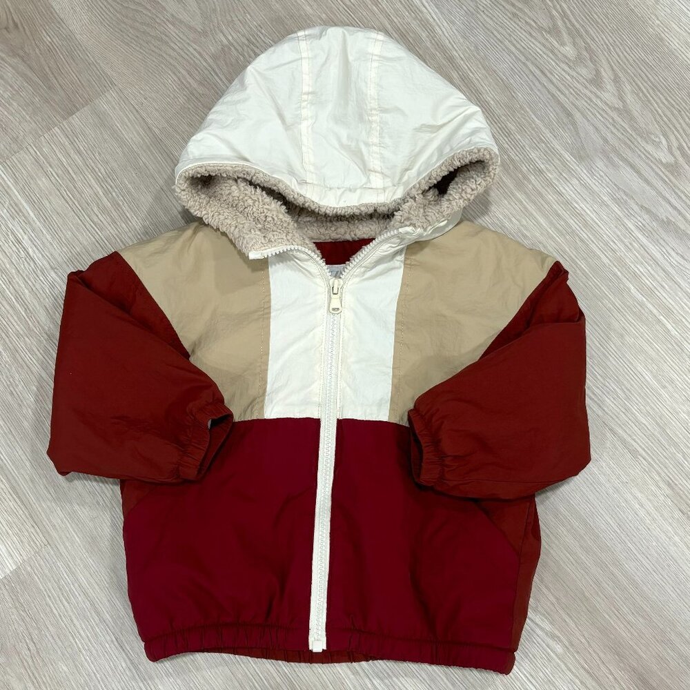 Zara Colorblock Hooded Jacket in White, Beige, Burgundy & Red